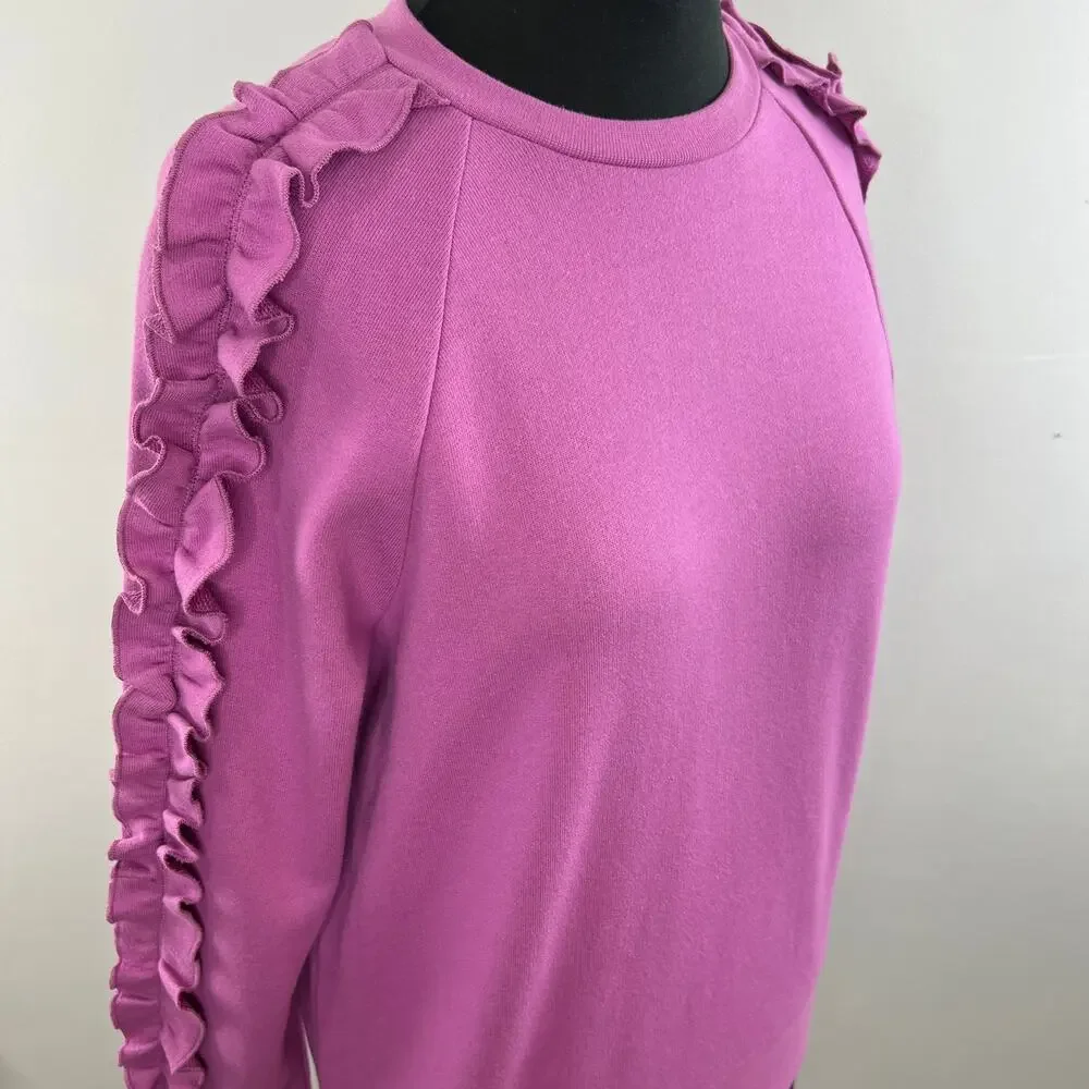 KATE SPADE Pink Pansy Long Sleeve Cotton Ruffle Pullover Sweater Top Sz S Small